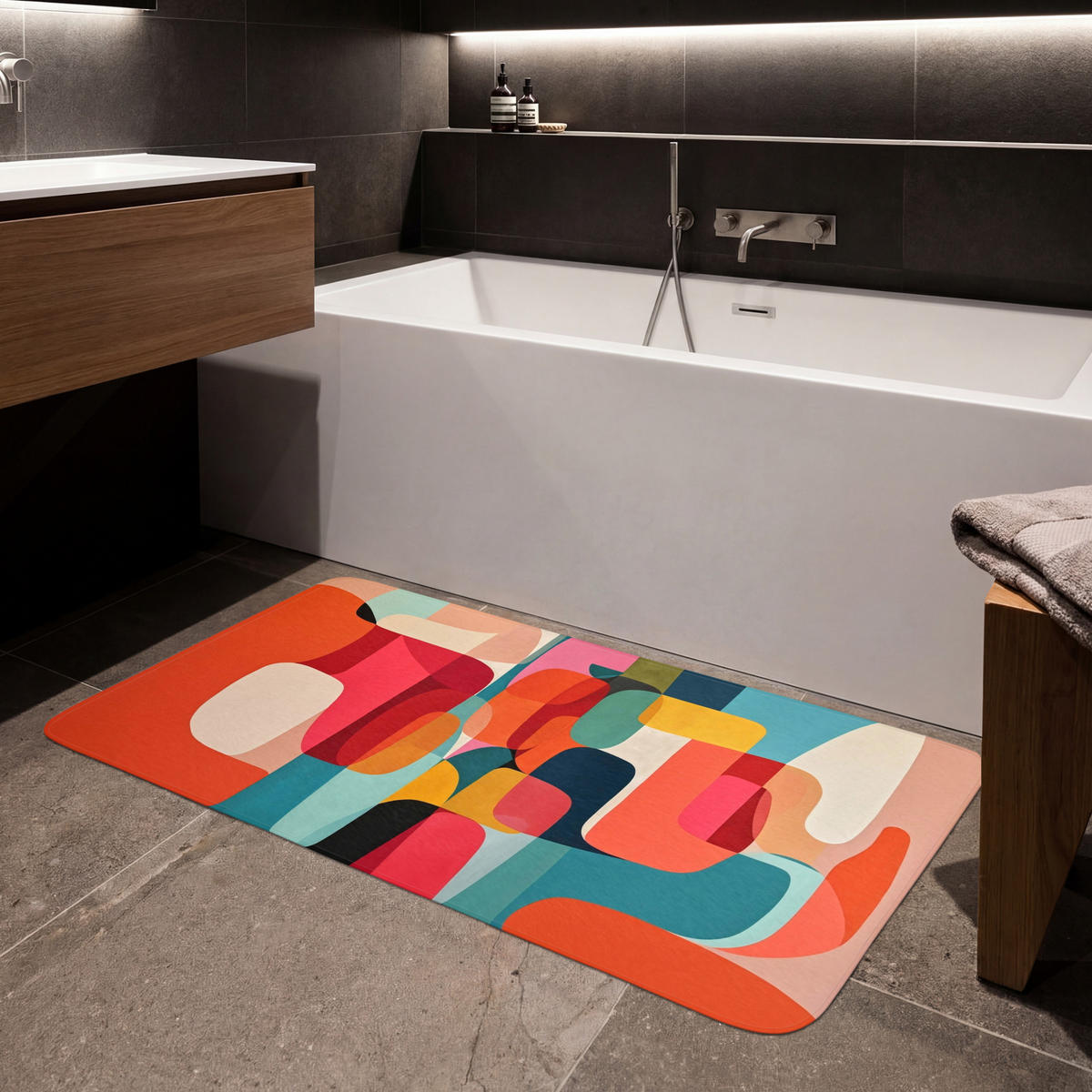 KOUPELNOVÁ PŘEDLOŽKA Tvary - barevné - abstraktní - letadla 120x60 cm - různobarevná, textil/plast (120/60cm) - OnlyWow