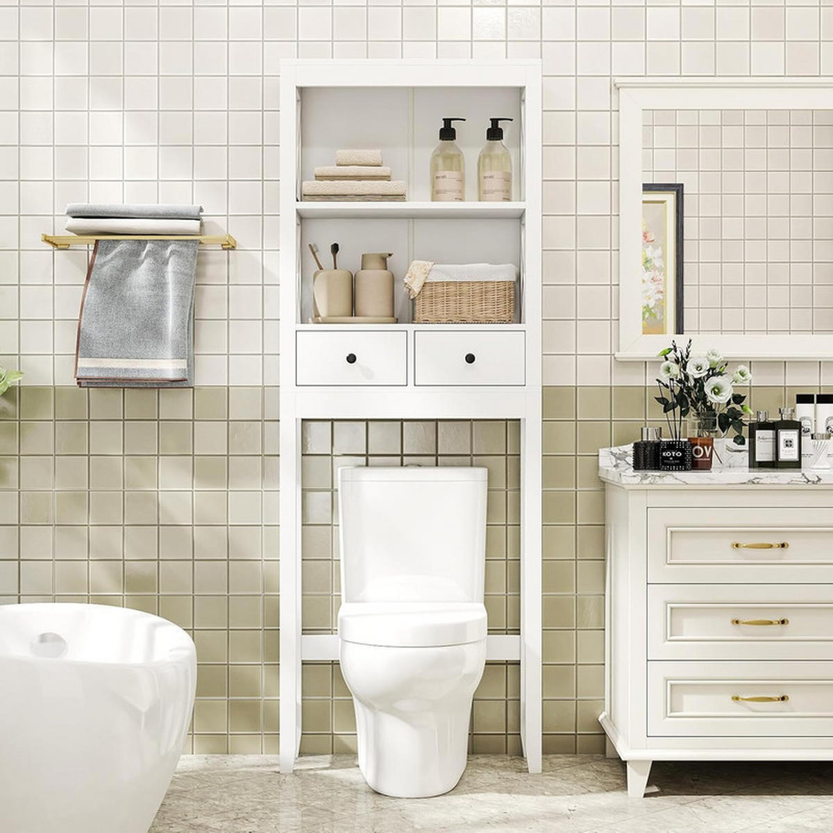 TOILETTENREGAL mit offenen Einlegeböden weiß - Weiß, Holzwerkstoff (60/165/20.5cm) - COSTWAY