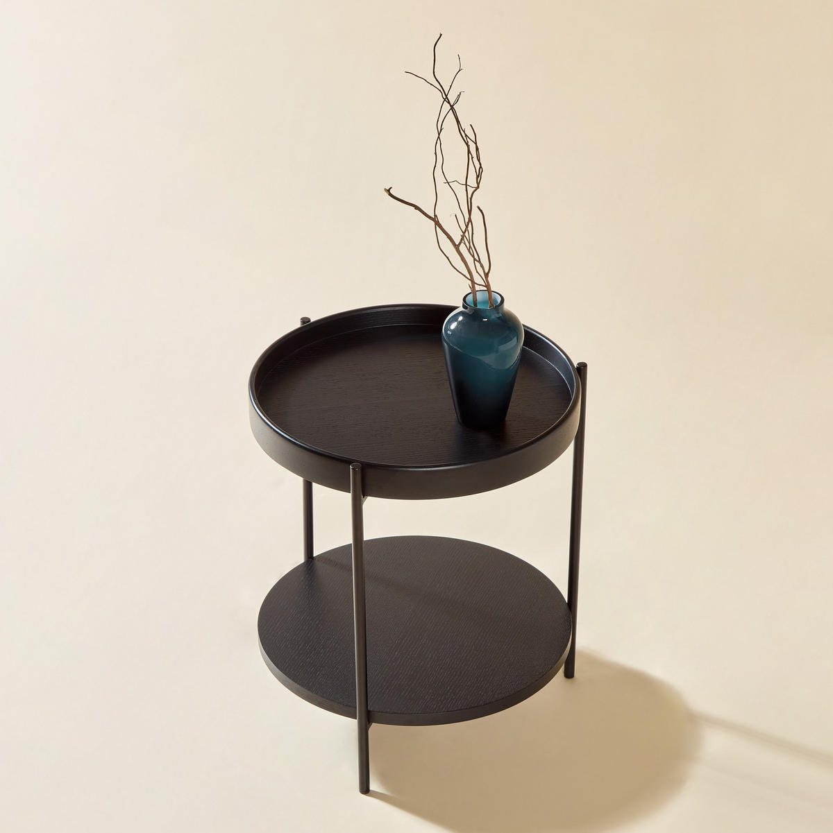COUCHTISCH Ø69/38 cm Schwarz aus Massivholz und MDF mit 2-stöckigem Design - Schwarz, Holzwerkstoff (44/44/48cm) - OKMYHOME