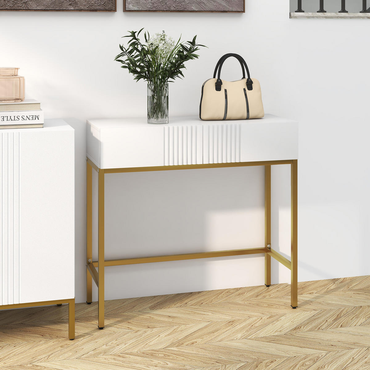 KONSOLENTISCH DE-16771 2 Schubladen, goldene Beine Weiß - Weiß, Holzwerkstoff (80/31.5/75cm) - ComfortXL