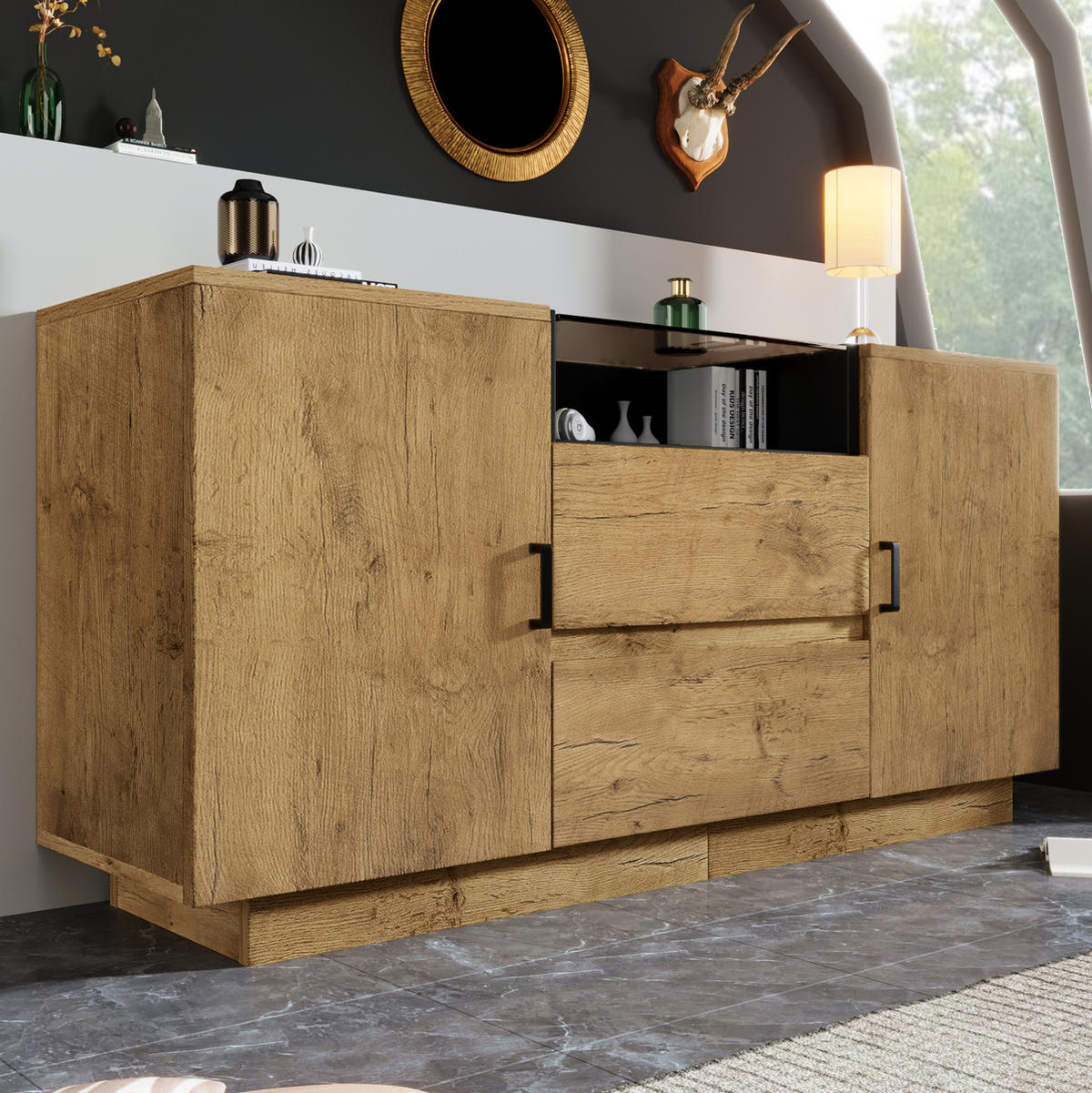 SIDEBOARD 140/40/70 cm Eiche aus Holzwerkstoff mit ESG-Glas und 2 Schubladen - Eichefarben, Glas (140/70/40cm) - OKWISH