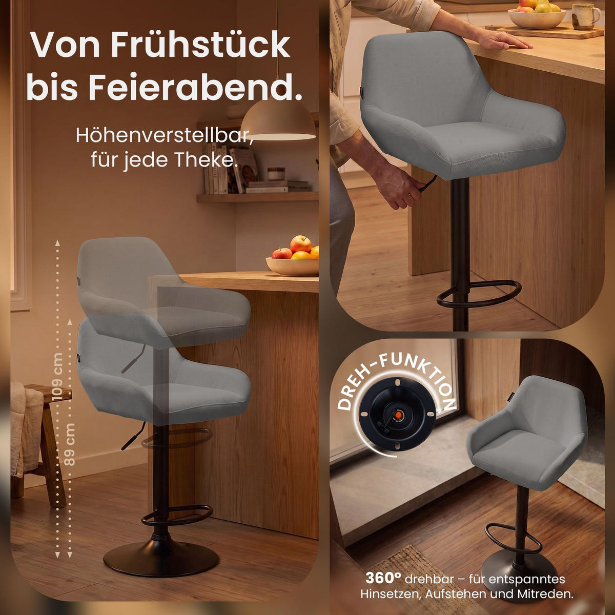 BARHOCKER Stoff grau - Schwarz/Grau, Textil/Metall (51/89/52cm) - CLP