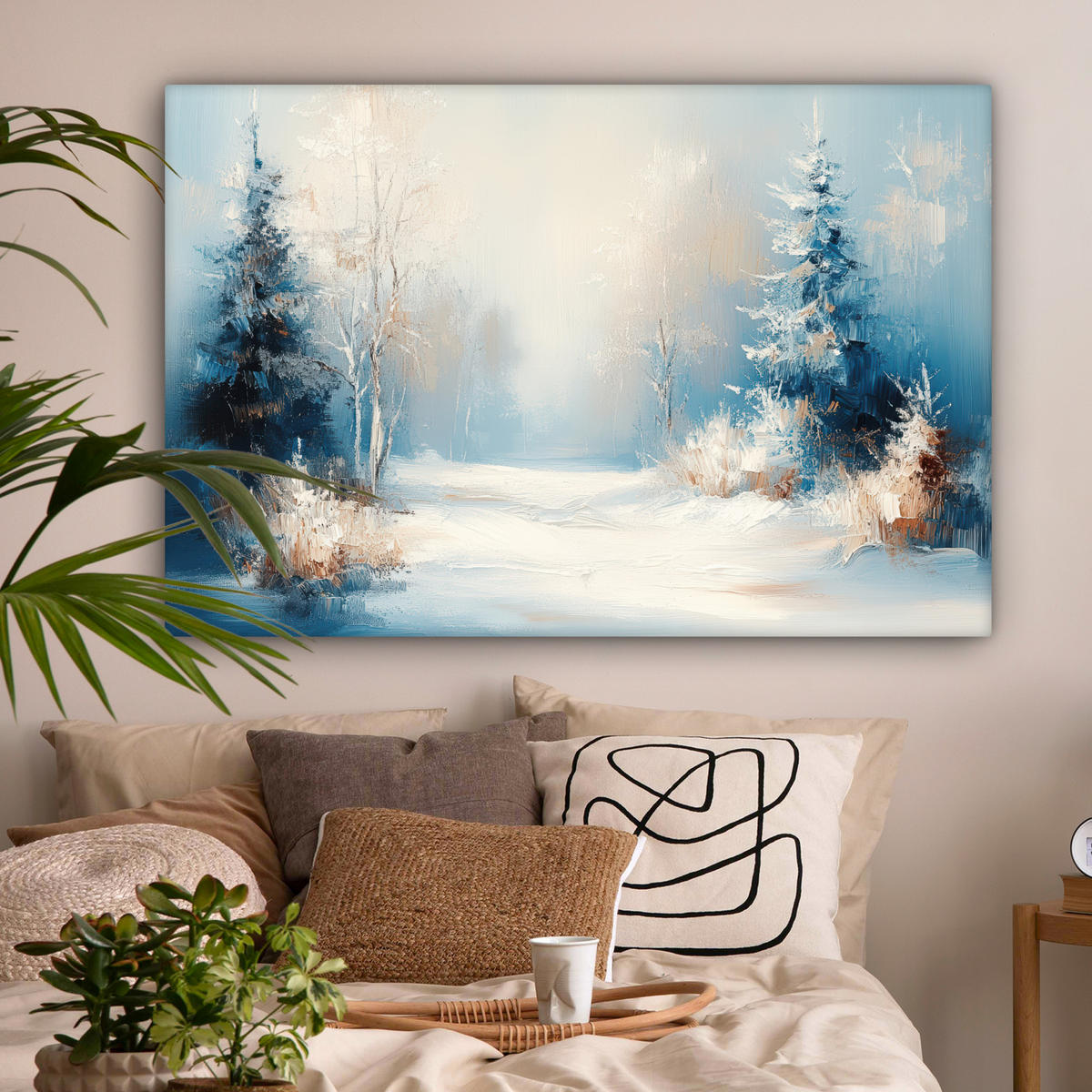 LEINWANDBILD Wald - Winter - Natur - Abstrakt - Schnee Wohnzimmer Groß 120x80 cm - Weiß, Textil (120/80cm) - MuchoWow