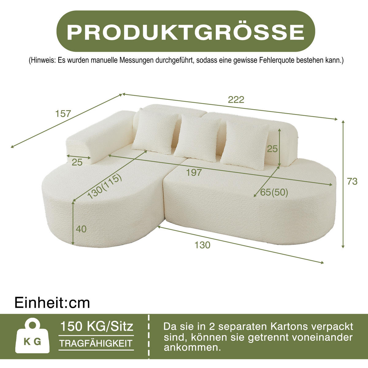 ECKSOFA 222/157/73 cm Beige Chenille mit 3 Kissen (Linke Seite) - Beige, Textil (157/222cm) - Oxeza