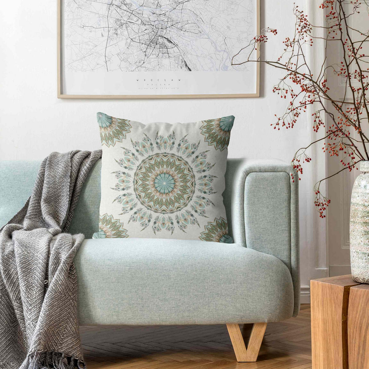 DEKOKISSEN Mandala Aquarell Federn Muster blau grün 40/40 cm - Blau, Textil (40/40/10cm) - Bilderwelten