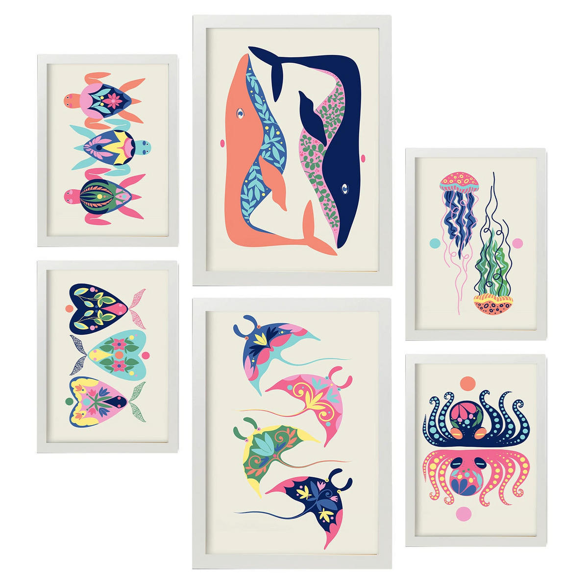 POSTER Set Mit 6 Wasserkreaturen In Tiere Zusammenfassungen A3 & A4 Weißer Rahmen - Weiß, Papier (29/3cm) - Nacnic