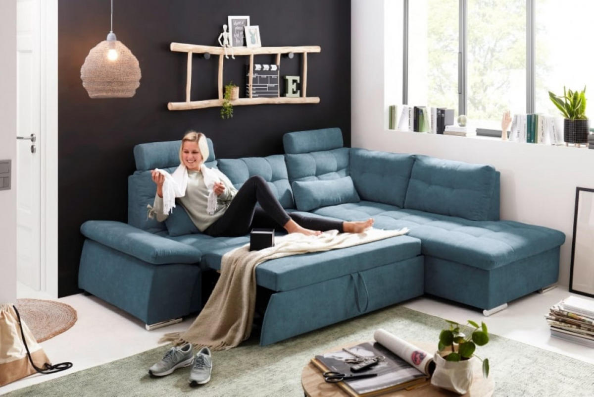 ECKSOFA mit Schlaffunktion, Bettkasten und verstellbarer Armlehne - Chromfarben/Blau, Textil (219/260cm) - ed exciting design