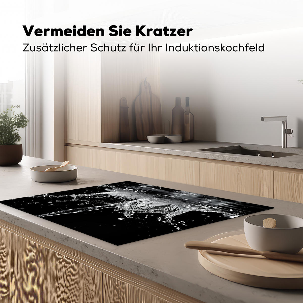 HERDABDECKPLATTE Wasser - Spritzwasser - Schwarz Induktionsmatte 77x59 cm - Schwarz, Kunststoff (77/59/0.2cm) - MuchoWow