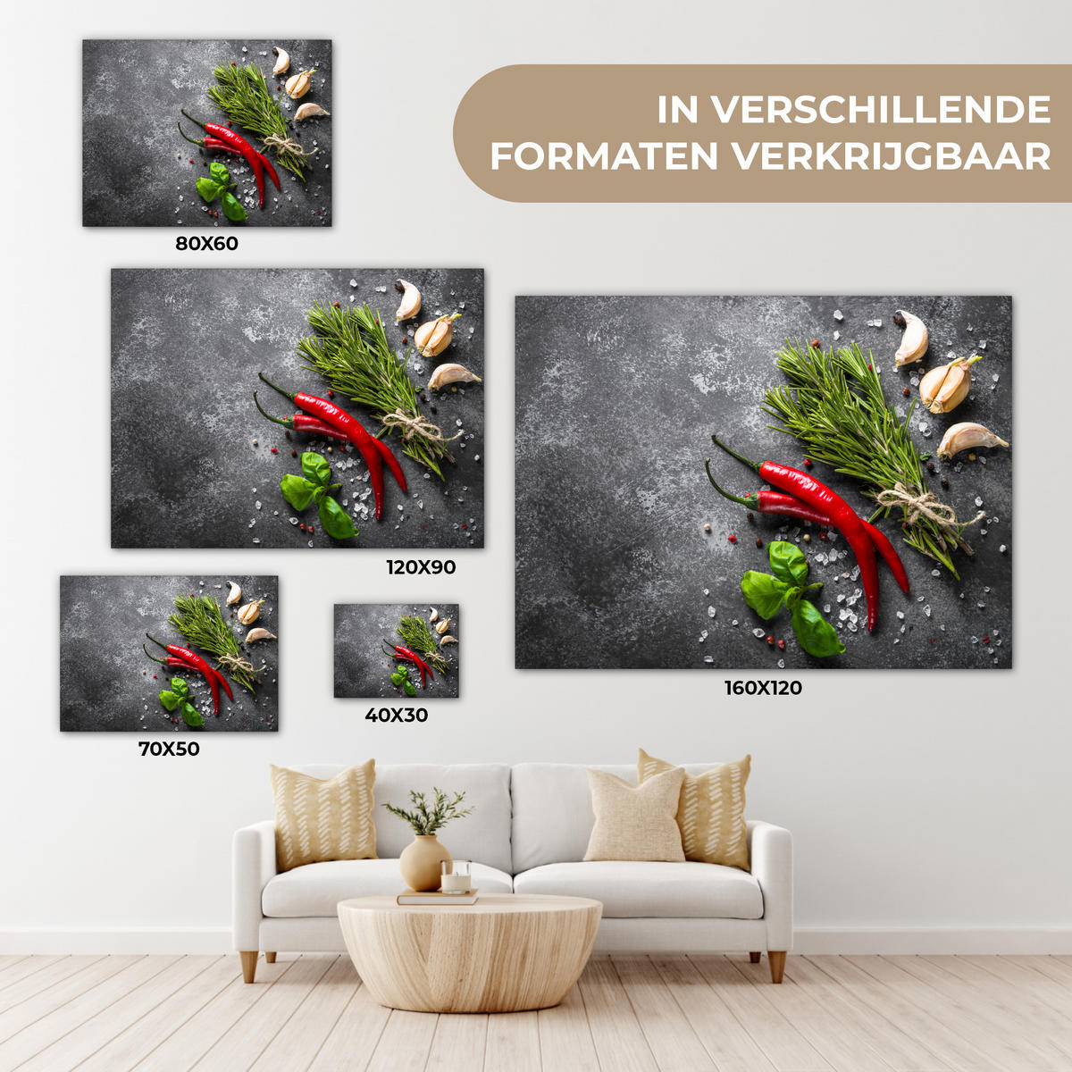LEINWANDBILD Pfeffer - Kräuter - Gewürze - Beton Wandbilder 80x60 cm - Dunkelgrau, Textil (80/60cm) - MuchoWow