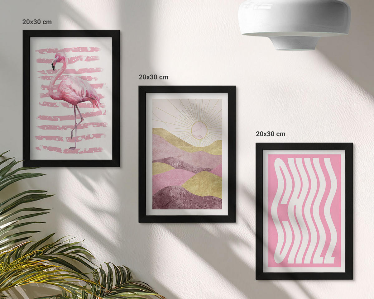 WANDBILDER 3er-Set - 20x30 cm Schwarzer Rahmen - Pastelllandschaft mit rosa Flamingos - Schwarz, Kunststoff (20/30cm) - ArtPrintCave