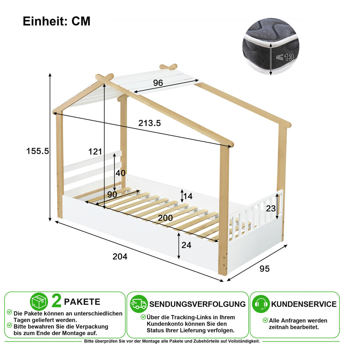 KINDERBETT 90/200 cm in Weiß & Natur im Hausdesign mit Lattenrost aus Holz - Weiß/Naturfarben, Holz/Holzwerkstoff (90/200cm) - CHICFURN