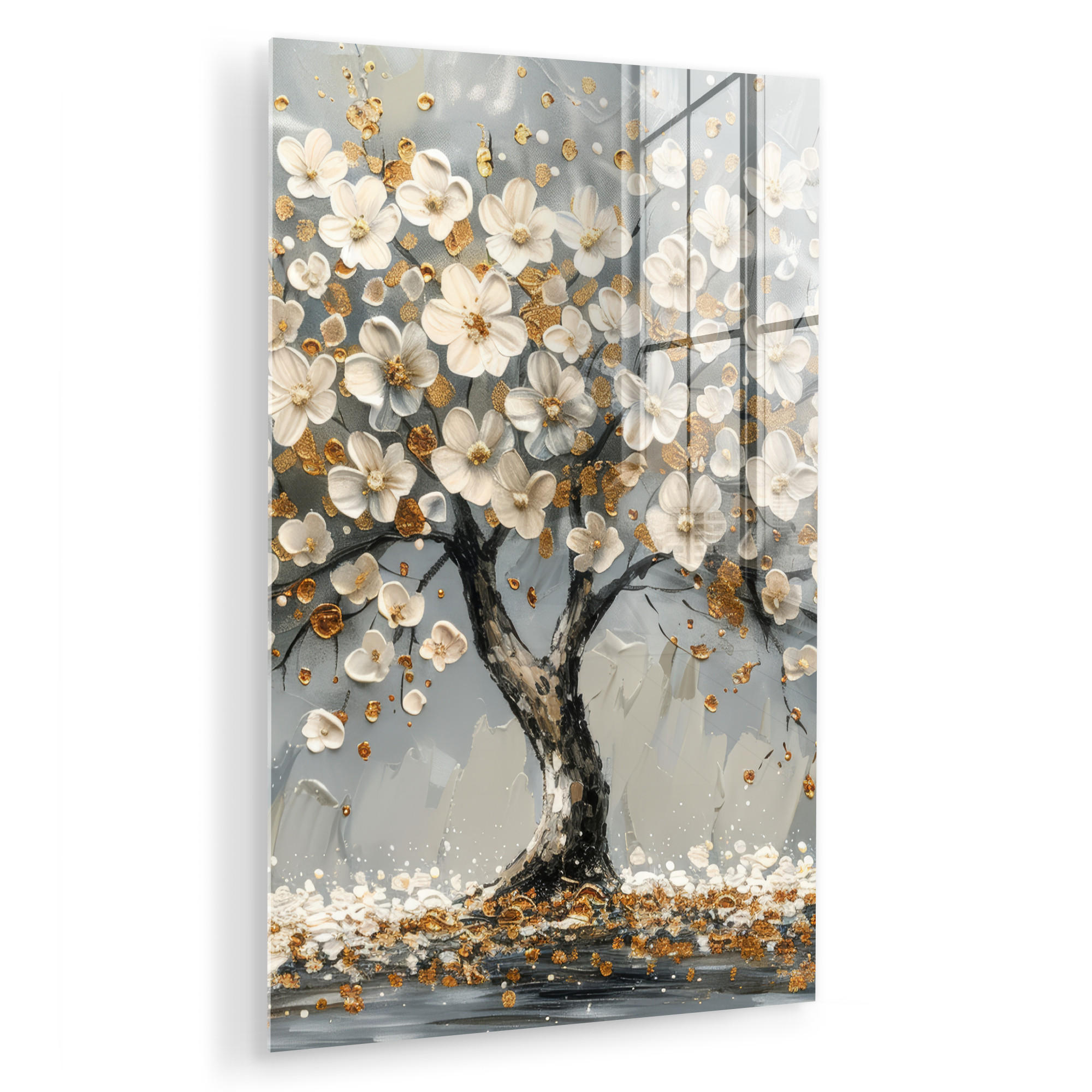 ACRYLGLASBILD Baum - Blumen - Weiß - Natur - Kunst 60x90 cm - Weiß, Glas (60/90cm) - MuchoWow