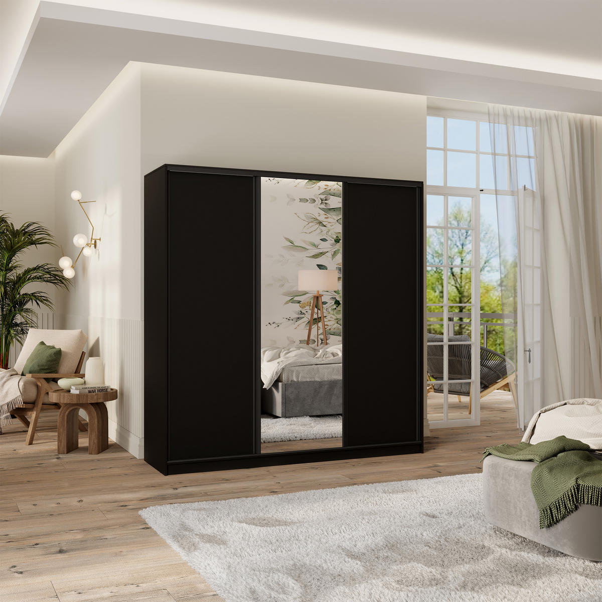 SCHWEBETÜRENSCHRANK TARI 200/205/58 cm 3-türig mit Spiegel und 4 Schubladen Schwarz - Schwarz, Holzwerkstoff (200/205/58cm) - MASSENO