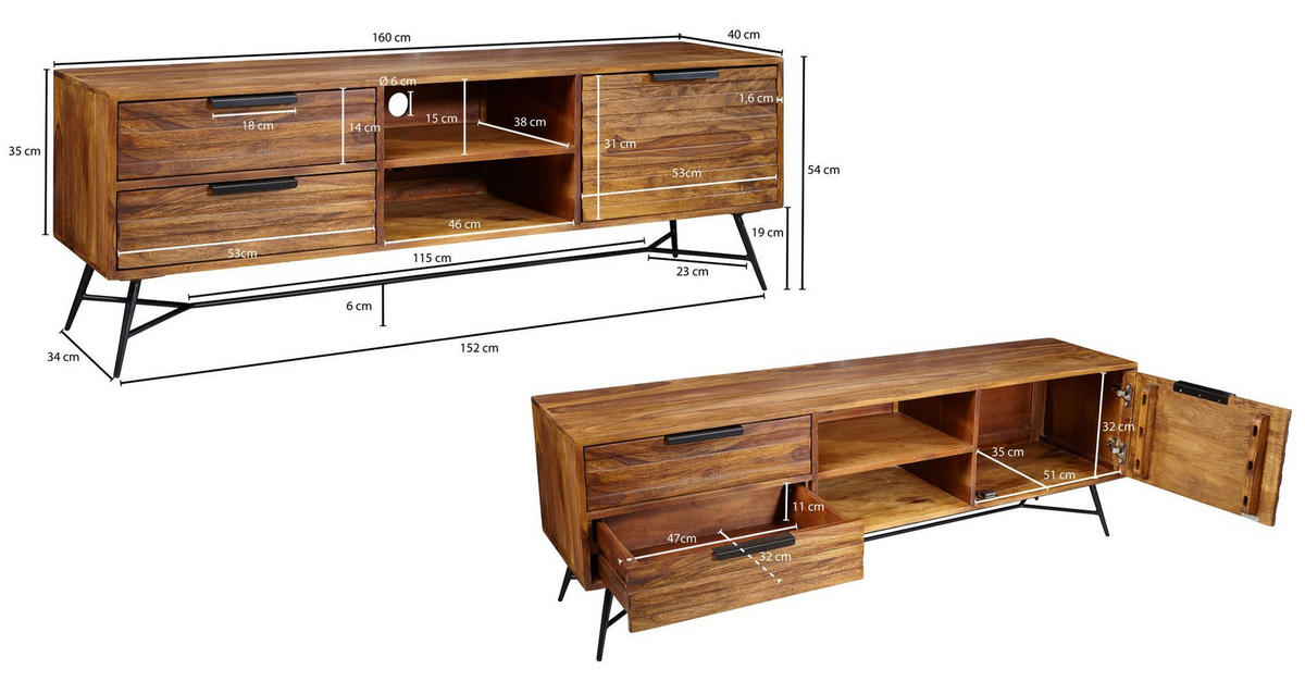 LOWBOARD Massivholz Industrial Stil 160x54x40 cm Modell NISHAN - Schwarz/Braun, Holz/Metall (160/54/40cm) - KADIMA DESIGN