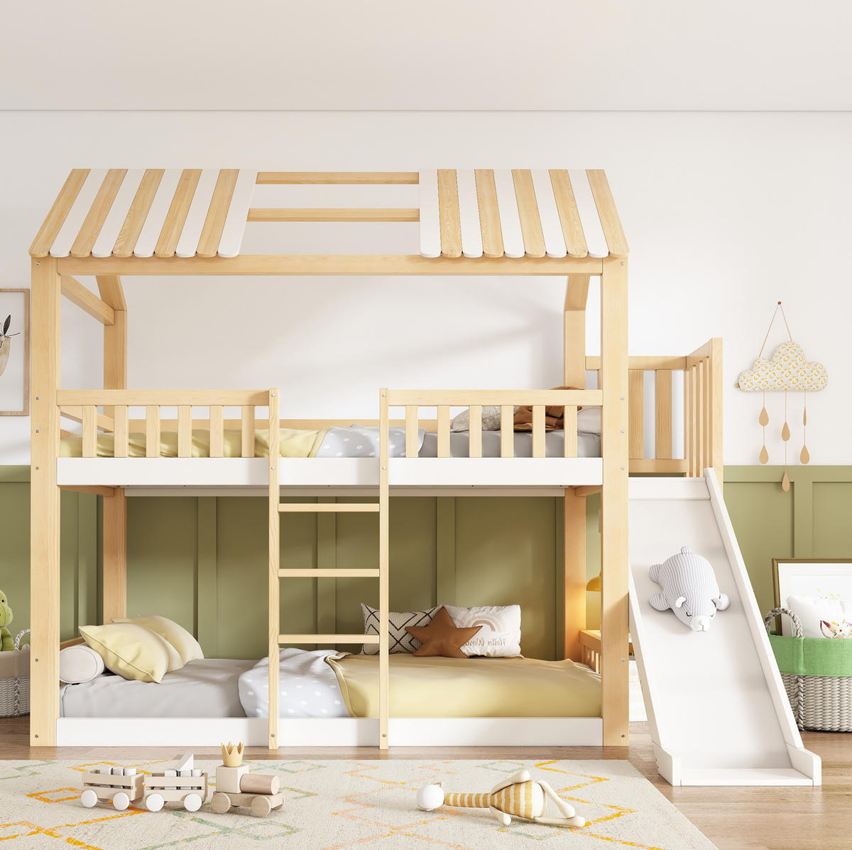 ETAGENBETT mit Giebeldach 90/200 cm Weiß Natur mit Regal, ohne Matratze - Weiß, Holz (90/200cm) - MIVRAY