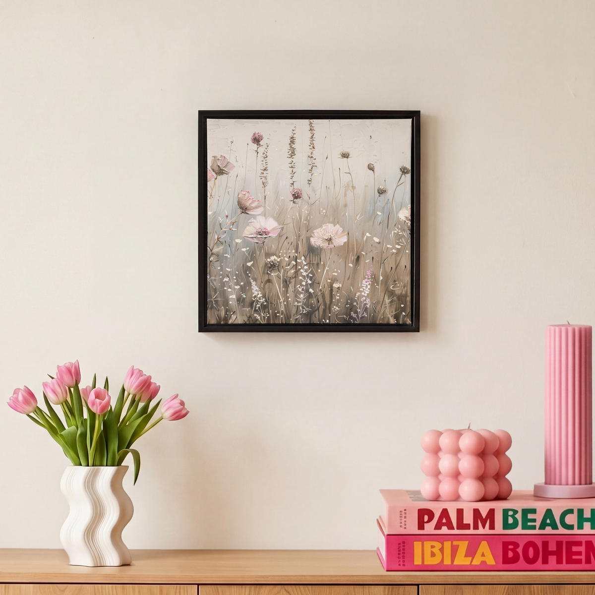 LEINWAND Bilder mit Rahmen - Blumen - Rosa - Modern - Beige - 20x20 - Beige, Textil (20/20cm) - MuchoWow