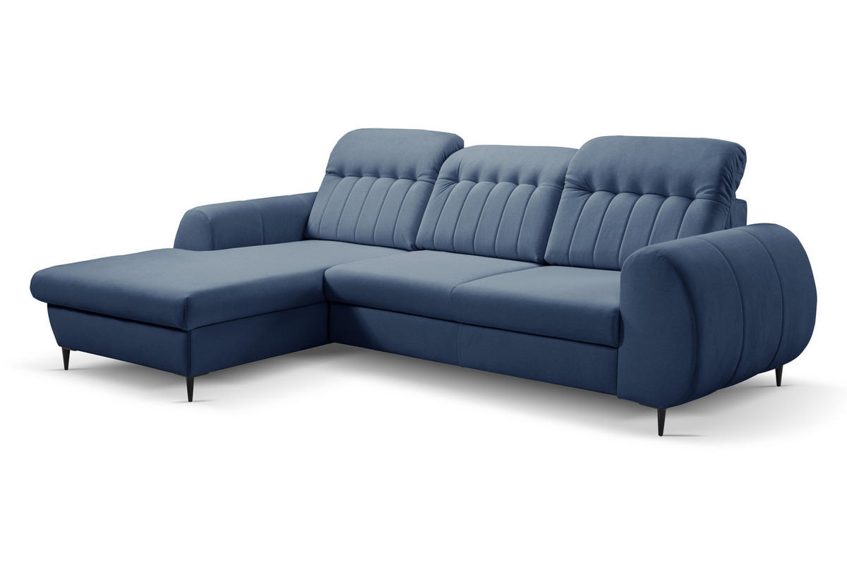 ECKSOFA PURO L-S Dunkelblau Plüsch-Stoff mit Schlaffunktion - Dunkelblau, Holz (275/166cm) - MASSENO