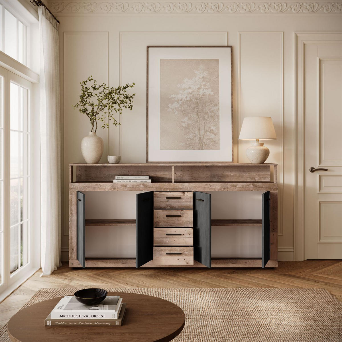 KOMMODE ROMANO mit Schubladen - Taupe/Naturfarben, Holzwerkstoff (190/96/32cm) - Lookway