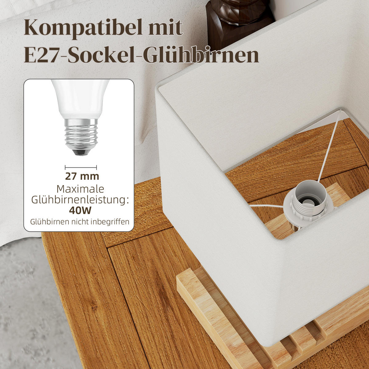 TISCHLAMPE Schreibtischlampe mit E27-Fassung exkl. Glühbirne - Weiß, Holz (25/20/40.5cm) - HOMCOM