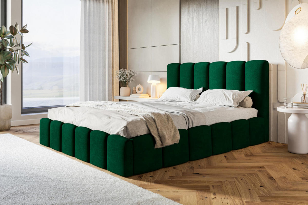 BETT 90x200 - Polsterbett mit Bettkasten und Holzrahmen - Modern Betten - Glatter Kronos-Stoff- Kollektion Lucy - Grün - Grün, Holz/Textil (90/200cm) - Alpi-Möbel