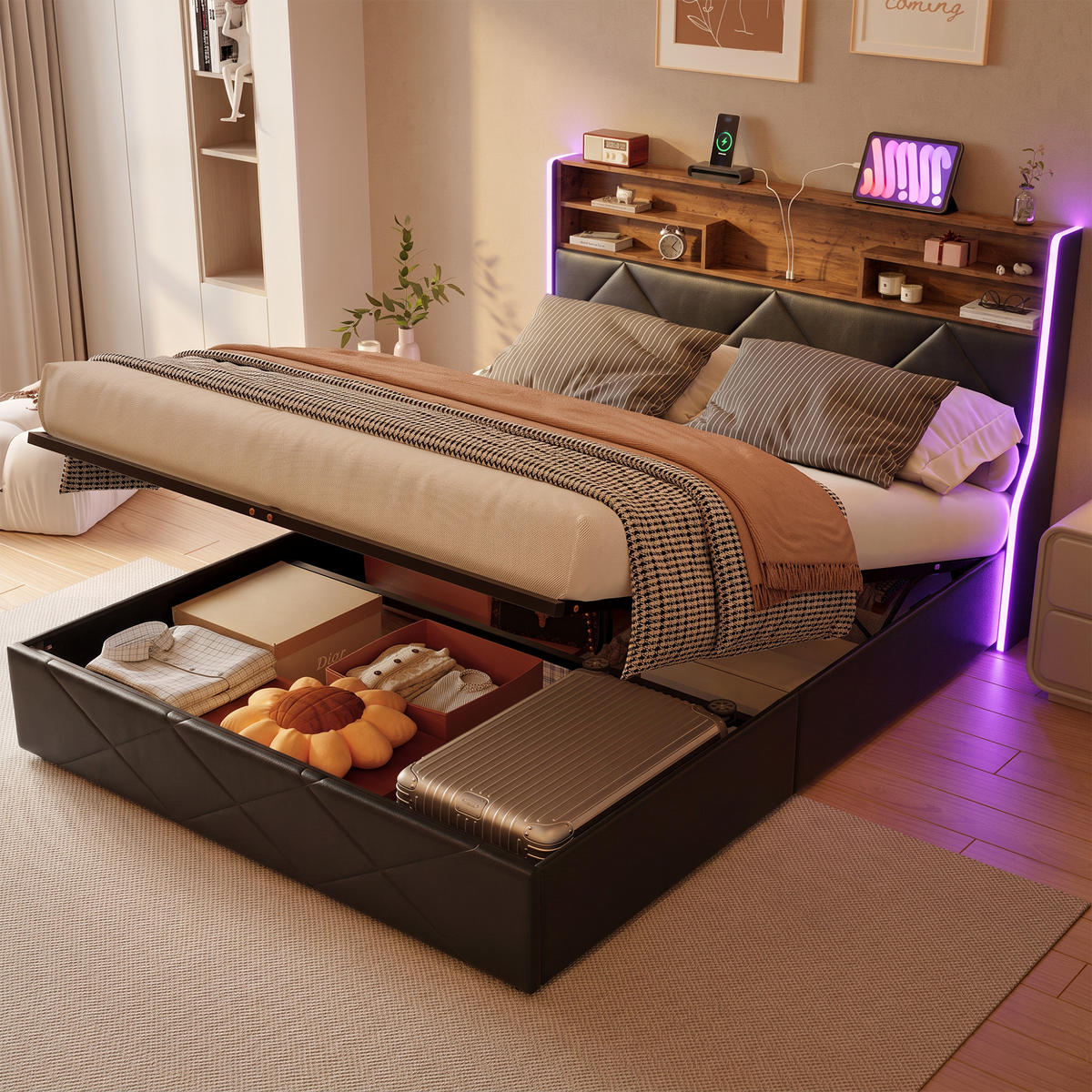 POLSTERBETT 140/200 cm,Stauraumbett mit Bettkasten LED USB und Lattenrost - Grau, Holz/Textil (140/200cm) - PARAFTA HOME