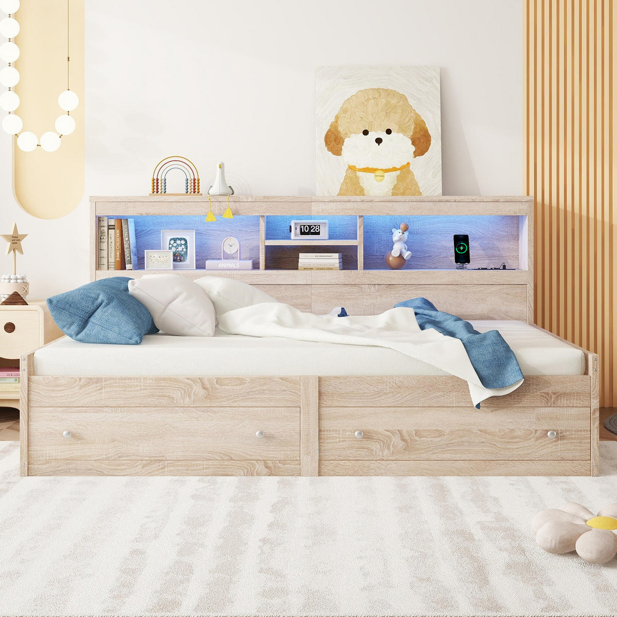 TAGEBETT 90x200cm Natur Spanplatte Nachtkästchen 2 USB Ambiente-Licht - Naturfarben, Holz (90/200cm) - FLIEKS