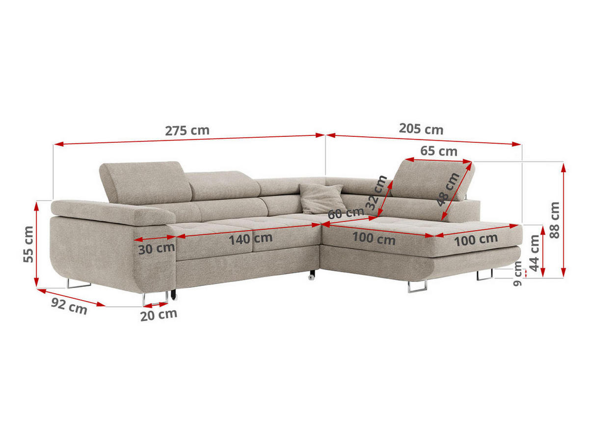ROHOVÁ SEDAČKA GUSTAW L - Béžová Strukturovaná látka - Levá Strana - stříbrná/béžová, kov/textil (275/205cm) - MKS