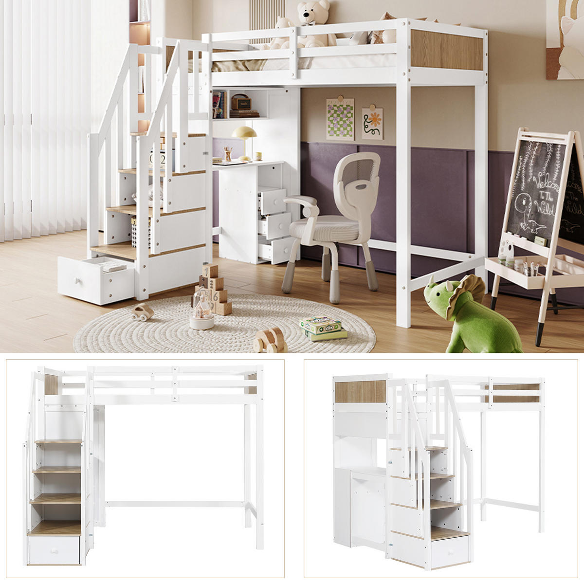 ETAGENBETT 90/200 cm in Weiß & Natur mit Schreibtisch, 3 Schubladen und Regal - Weiß/Naturfarben, Holz/Holzwerkstoff (90/200cm) - WISHDOR