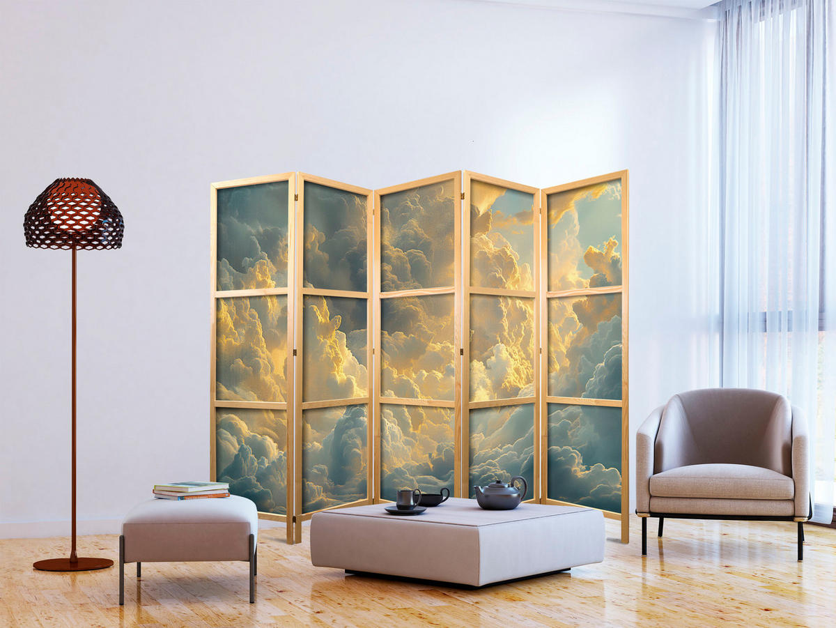 PARAVENT Japanischer 5-tlg 225x172 cm Himmel Wolken 3D - Gelb, Holz/Textil (225/172/3cm) - Muralo