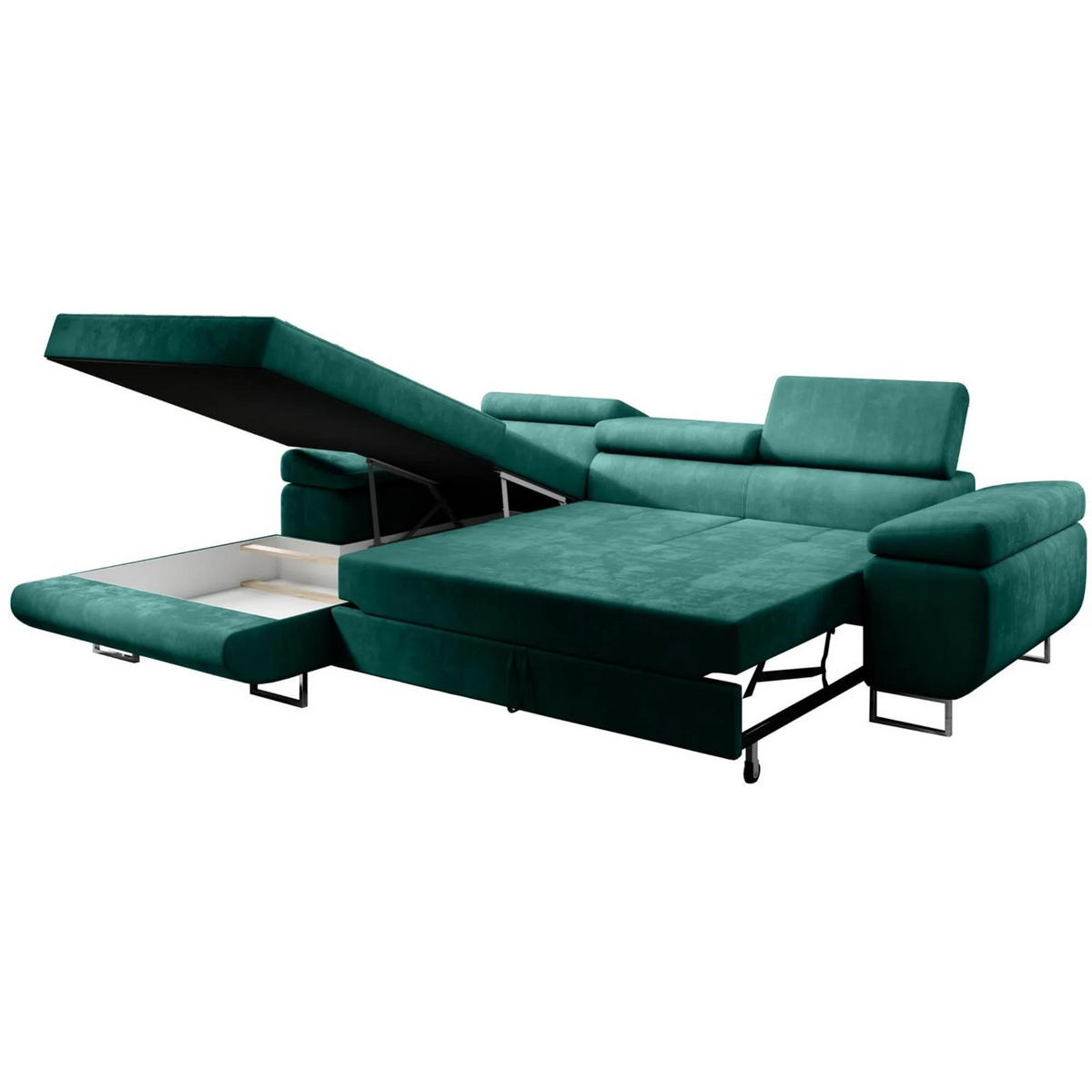 ECKSCHLAFSOFA Alons verstellbaren Kopfstützen, Dunkelgrün, links - Chromfarben/Dunkelgrün, Textil (275/203cm) - Beautysofa