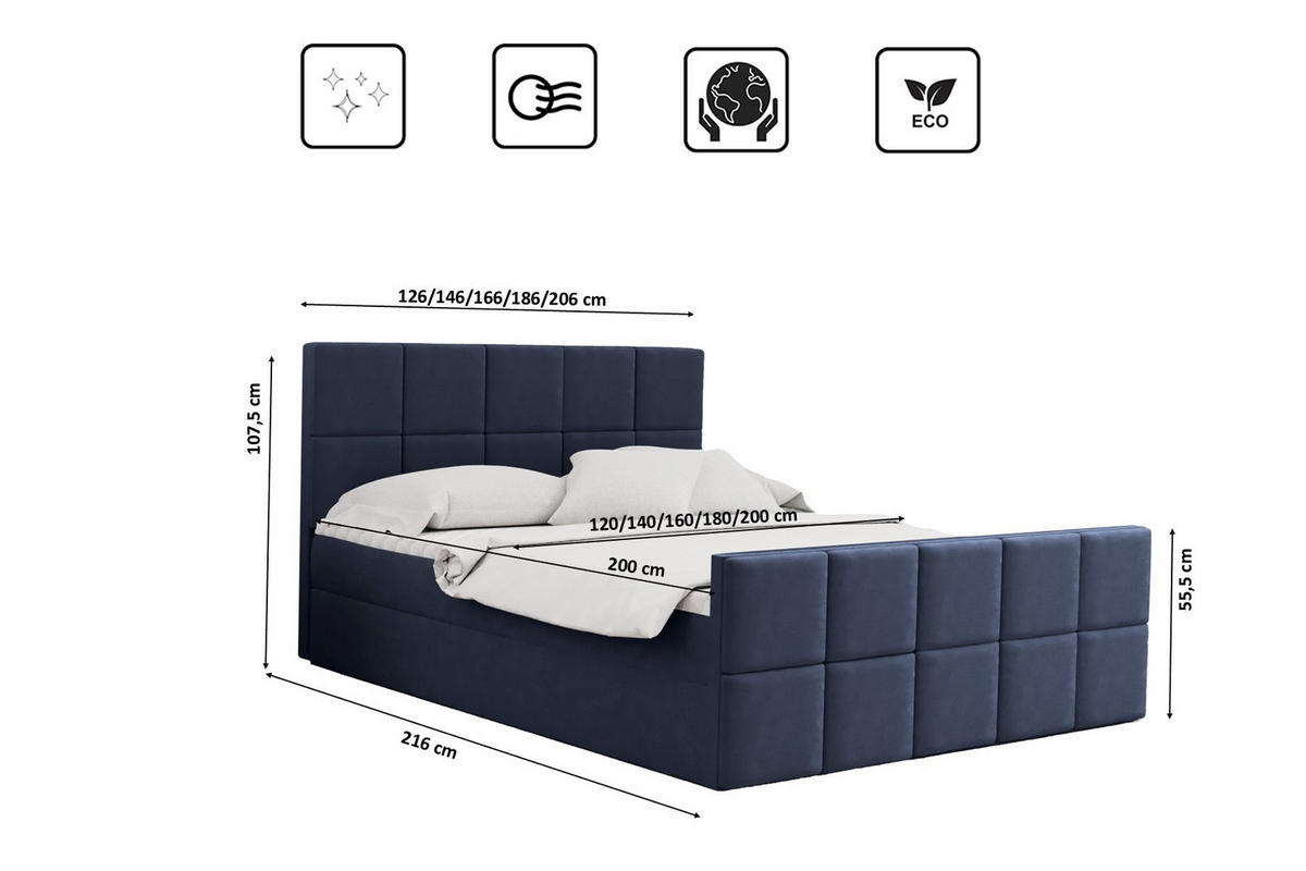 BOXBETT mit Bettkasten und Matratze Topper HANA Stoff Matt Velvet Marineblau 120x200 cm H3-Bonell - Dunkelblau, Holz/Textil (120/200cm) - Kaiser Möbel