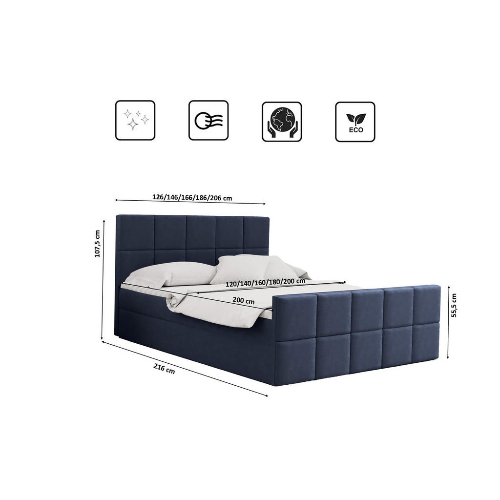 Thumbnail - Kaiser Möbel Boxbett, Dunkelblau, Textil, H2, Höhe ca. 20 cm, einzeln stellbar,Rechteckig, 120x200 cm, Schlafzimmer, Bet...