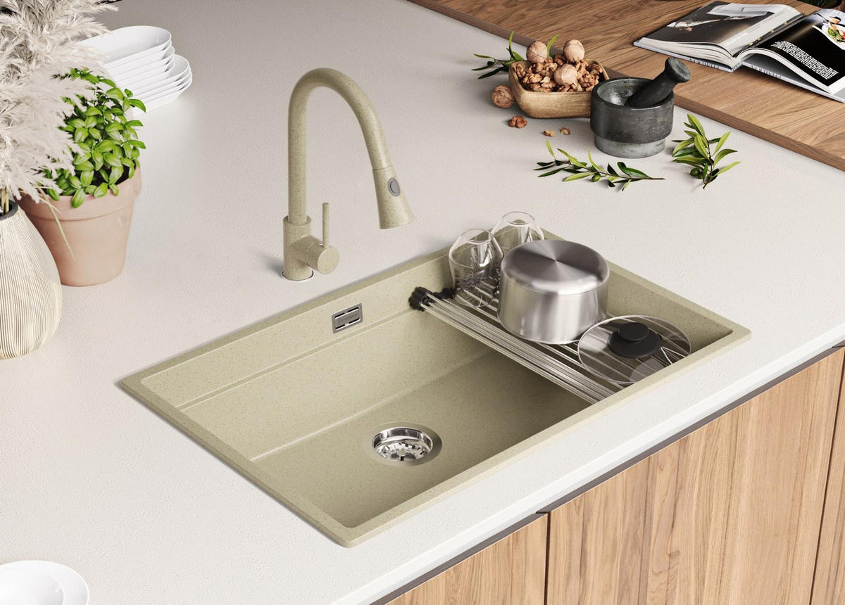 SPÜLBECKEN Praga Slim, 2-er set Beige 76/47 cm 1 Becken + Ablauf-Set + Aufrollbare Abtropffläche ab 80er Unterschrank - Chromfarben/Beige, Kunststoff (76/20/47cm) - Primagran