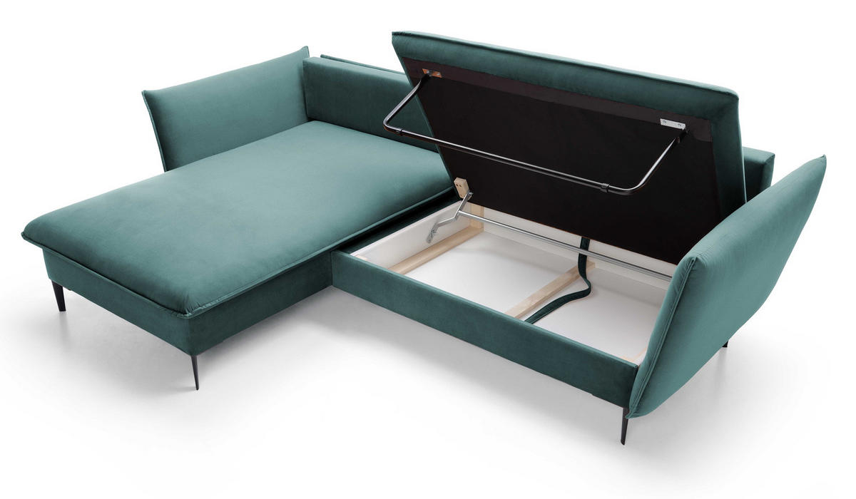 ECKSOFA Flavio mit Schlaffunktion, Bettkasten 260 cm, Links, Türkis - Türkis, Holz (258/167cm) - Emporius