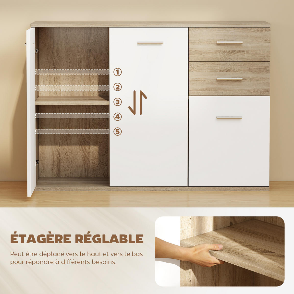 SIDEBOARD DE-11278 2 Schubladen, 3 Türen Weiß/Naturholz - Naturfarben, Holzwerkstoff (106/76/35cm) - ComfortXL