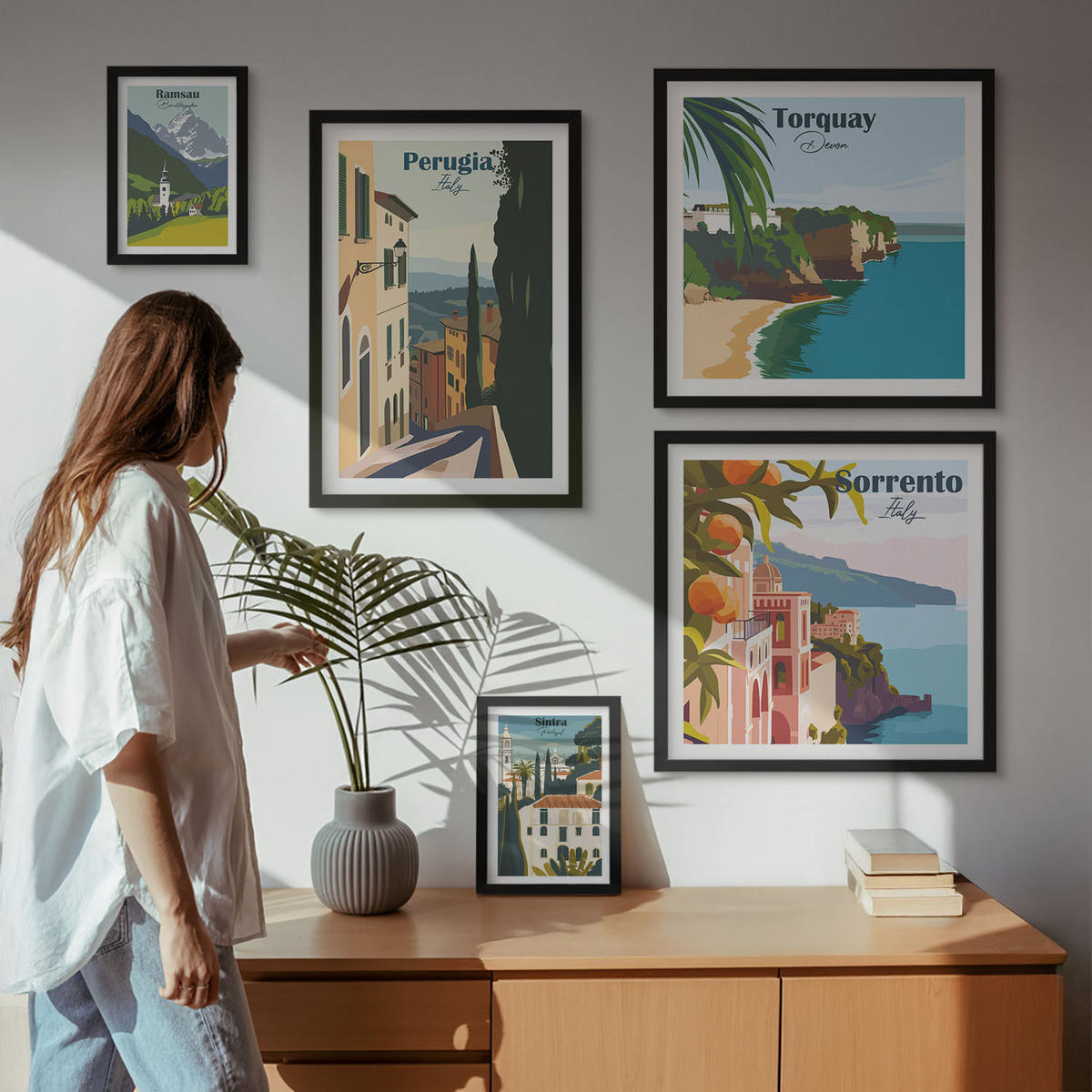 WANDBILDER 5er-Set - 50x50 cm & 20x30 cm & 40x60 cm Schwarzer Rahmen - Ansichten europäischer Häfen - Schwarz, Kunststoff (40/60cm) - ArtPrintCave
