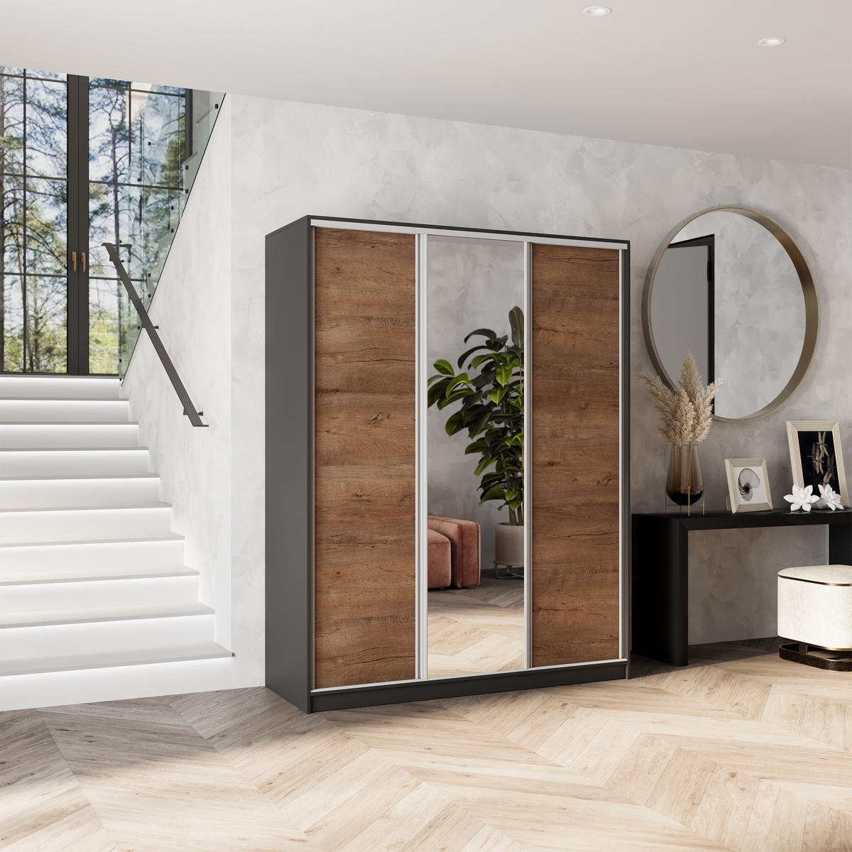 SCHWEBETÜRENSCHRANK SORE 150/205/58 cm 3-türig mit Spiegel und Schubladen Schwarz / Eiche Lefkas - Eichefarben/Silberfarben, Holzwerkstoff (150/205/58cm) - MASSENO