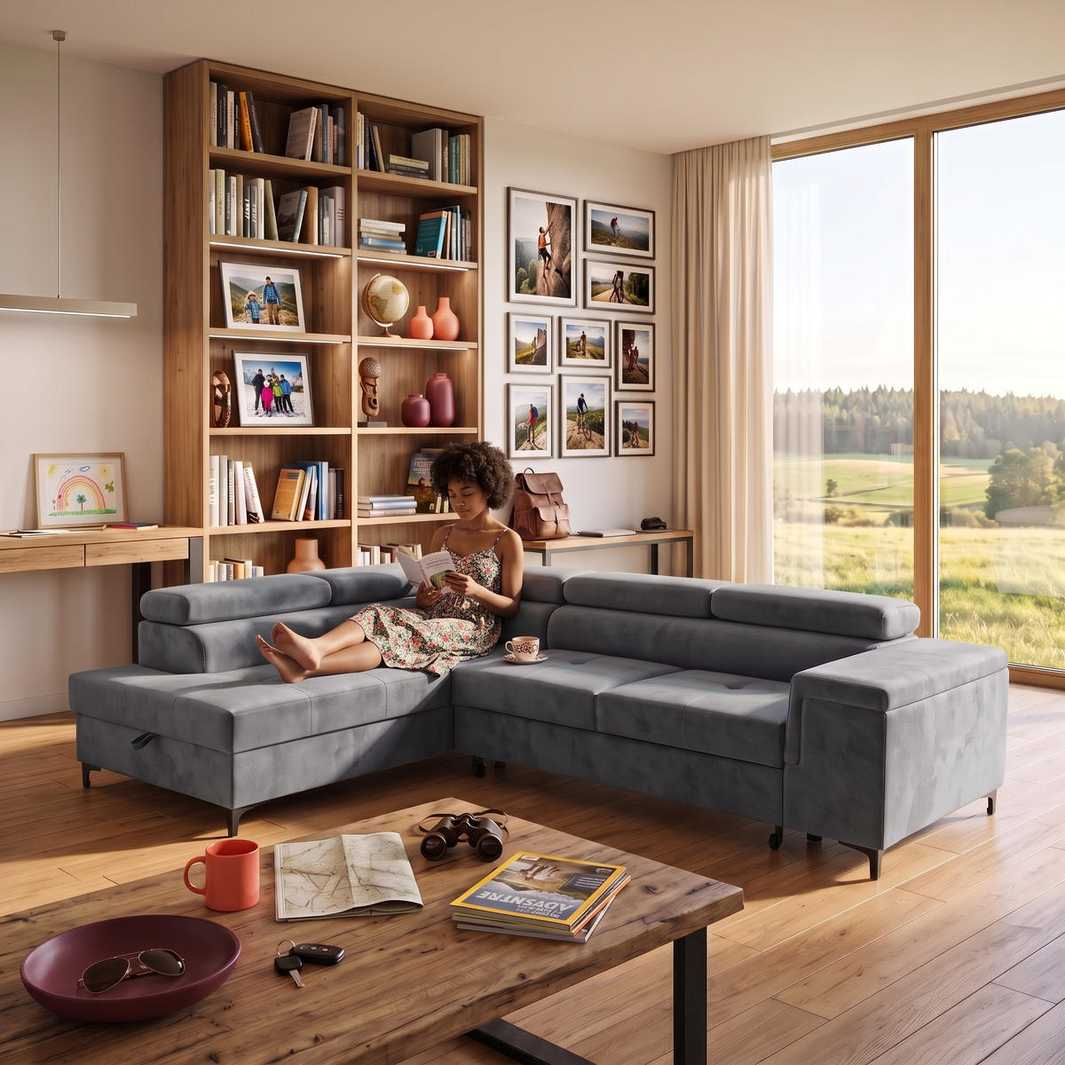 ECKSOFA WILLIAM L Links mit Schlaffunktion 127x195 Velours Grau - Silberfarben/Grau, Holz/Textil (275/203cm) - Muffo