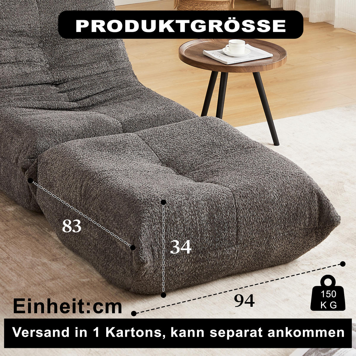 SITZSACK Chenille Grau mit Rutschfester Unterseite - Grau, Textil (94/34/83cm) - WISHDOR