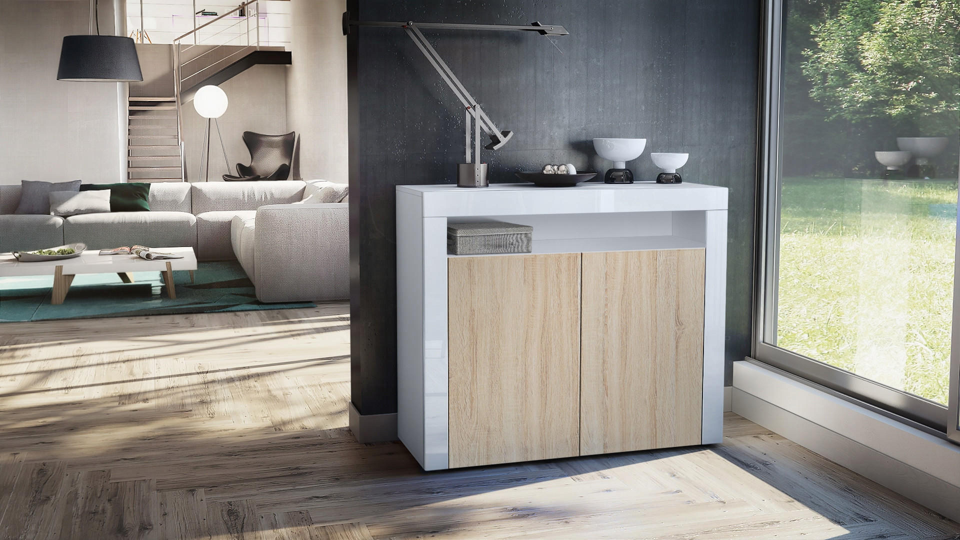 KOMMODE Valencia Eiche sägerau / Weiß Hochglanz - Eiche San Remo, Holzwerkstoff (108/92/40cm) - Vladon