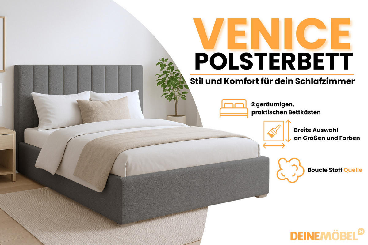 POLSTERBETT VENICE 140/200 in Boucle Grau - Grau, Holz/Holzwerkstoff (140/200cm) - Deine Möbel 24