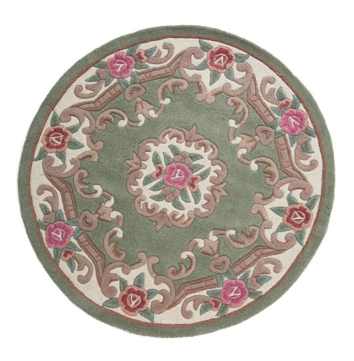 WOLLTEPPICH Aubusson-Muster handgeknüpft BEAULY, Grün-Beige 120x120 cm - Grün, Textil (120/120cm) - KADIMA DESIGN