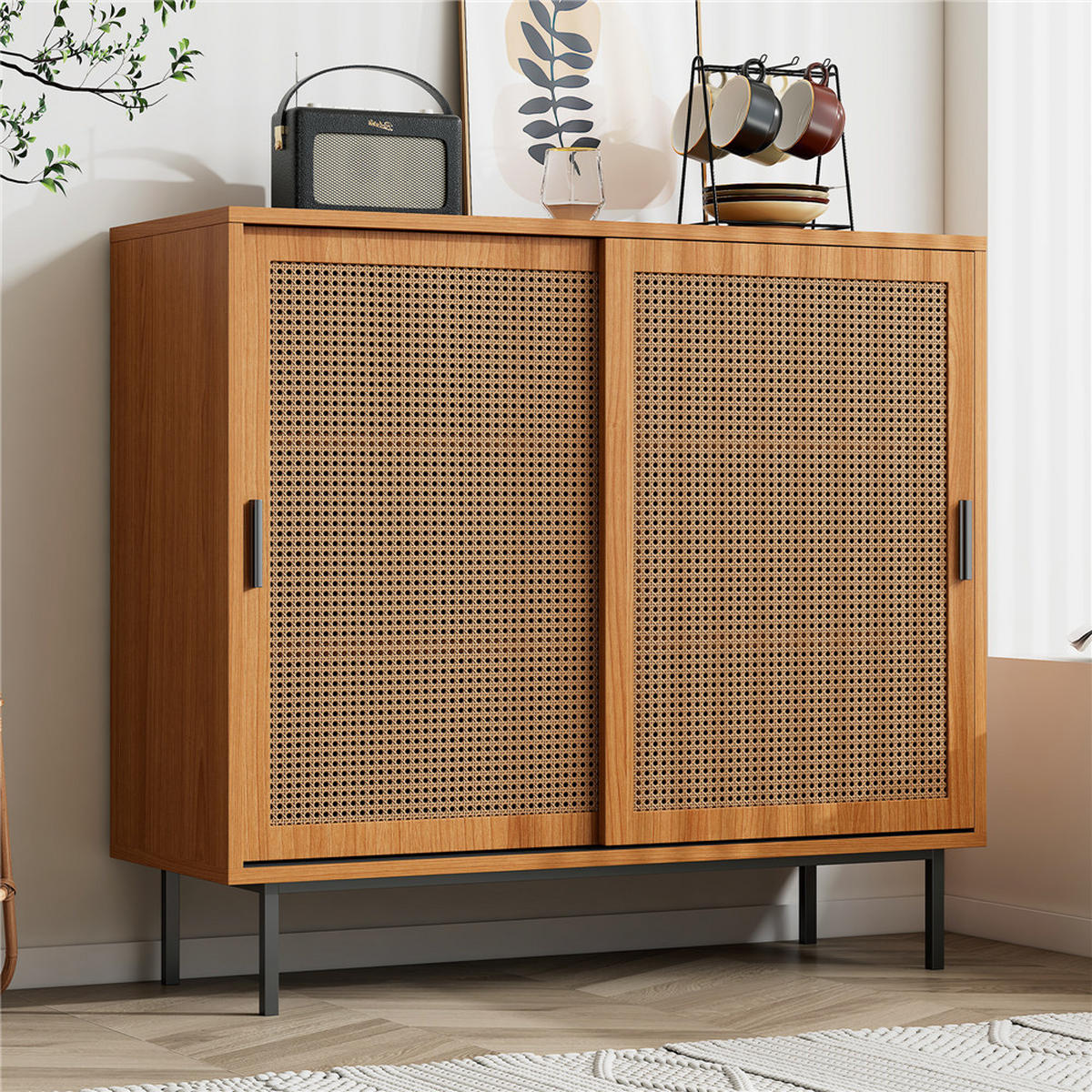 SIDEBOARD 100x90x37 cm Küchenschrank Schiebetüren - Naturfarben, Holz (100/90/37cm) - Kaket