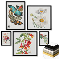 WANDBILDER 5er-Set - 50x50 cm & 20x30 cm & 40x60 cm Schwarzer Rahmen - Blumen, Schmetterlinge, Vögel, Pastellfarben - Schwarz, Kunststoff (40/60cm) - ArtPrintCave