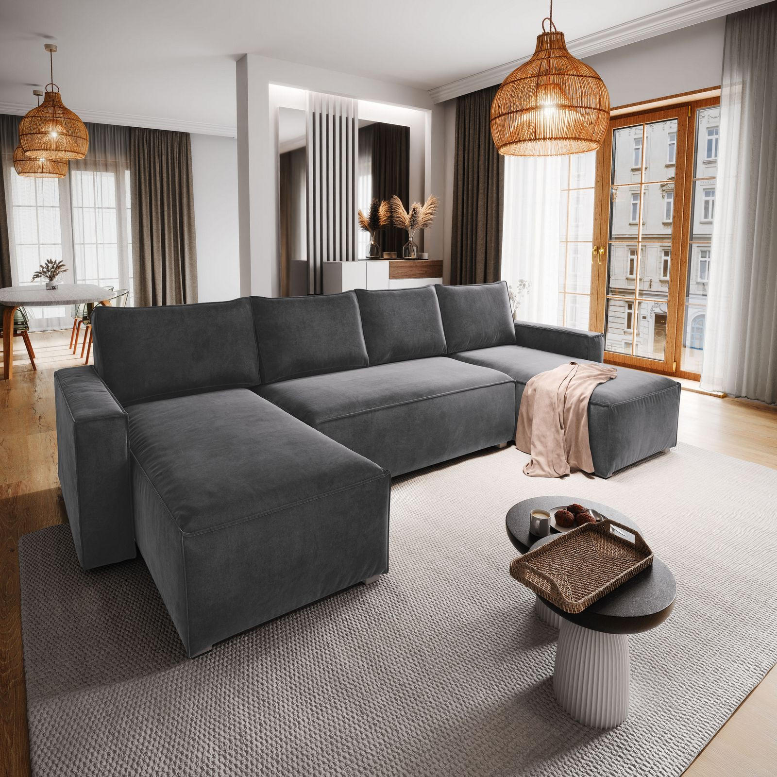 WOHNLANDSCHAFT DENI Grau Velours-Stoff mit Schlaffunktion - Grau, Holz (295/85/140cm) - MASSENO