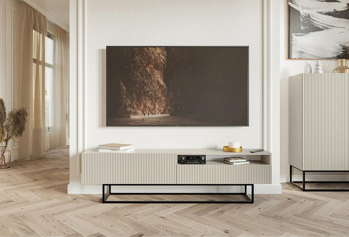TV stolík Veldio Greige s čiernym kovovým rámom 175 cm - čierna/sivobéžová, kov/kompozitné drevo (175/46.5/31.6cm) - Selsey