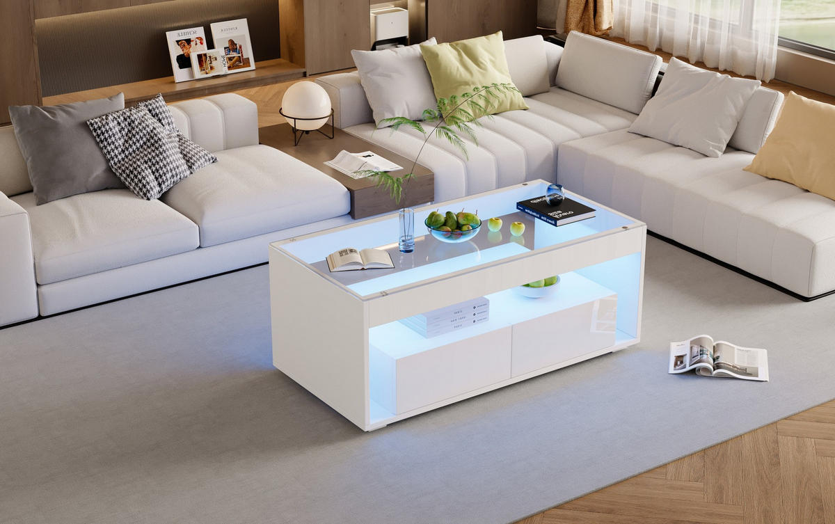 COUCHTISCH 100/50/40 cm Weiß aus Spanplatte und gehärtetem Glas mit LED-Beleuchtung - Weiß, Holzwerkstoff (100/50/40cm) - OKMYHOME