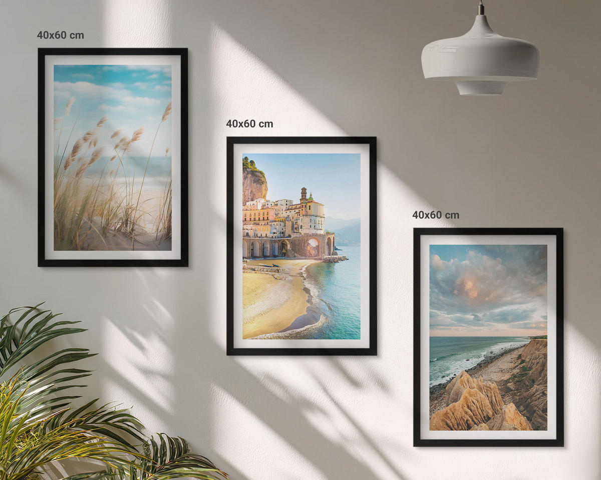 BILDER SET 3er Set - 40x60 cm Schwarzer Rahmen - Landschaften Strand Klippen Stadt - Schwarz, Kunststoff (40/60cm) - TULUP
