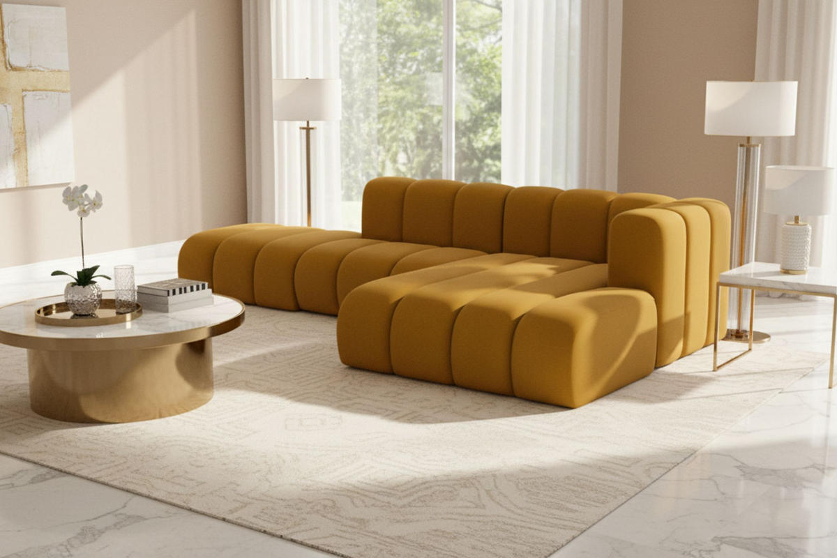 ECKSOFA L-form mit Hocker, Grand Mini, Stoff Salvador, Gelb, Rechts - Gelb, Holz (295/179cm) - Kaiser Möbel