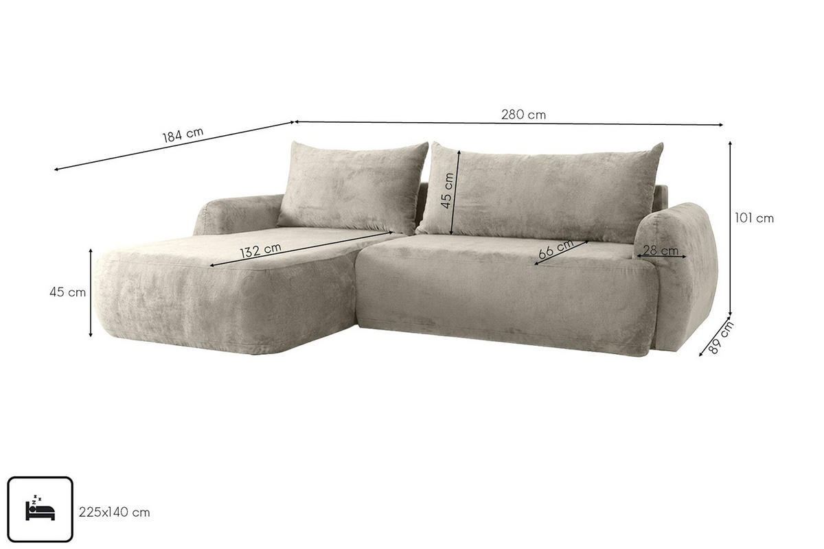 ECKSOFA Mit Schlaffunktion Und Bettkasten, Chenille-Stoff Perfecto, Beige, Links, HELA II - Beige, Holz (280/184cm) - Kaiser Möbel